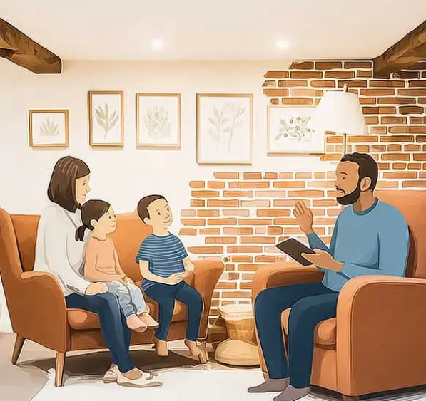 A warm illustration of a family in conversation with a clinician at the practice